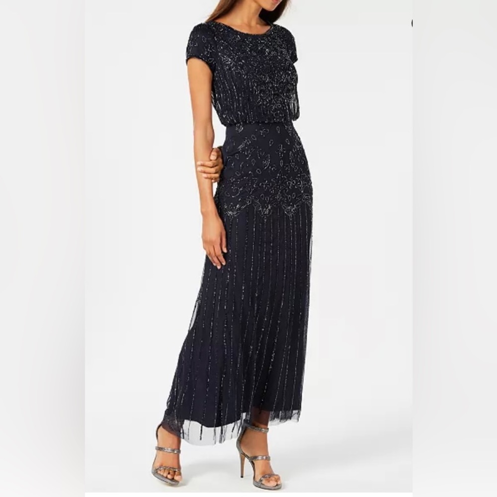 Adrianna Papell delicate beaded short sleeve sheer overlay navy gown.